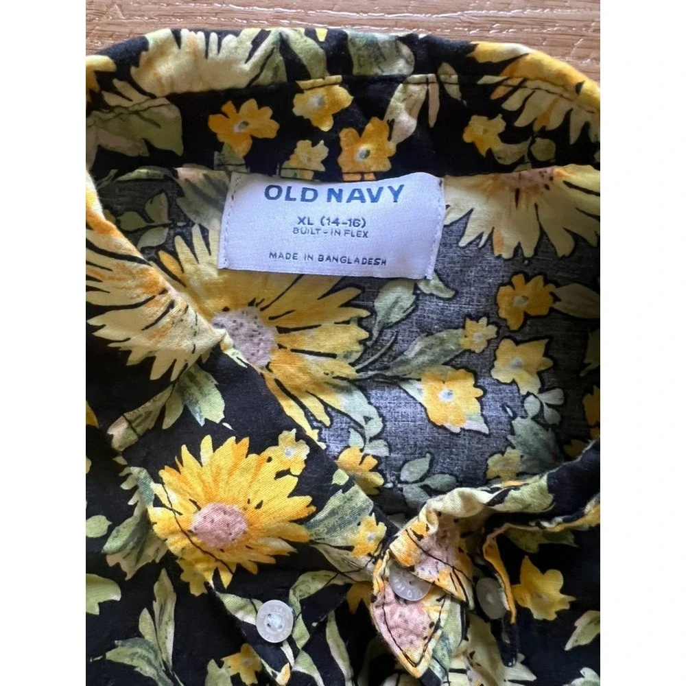 Old Navy Button‎ Down Shirt Kids XL 14-16 Black Sunflower Floral Built-In Flex